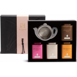 Coffret Continental – Dammann Frères Visuel coffret ouvert, boites métal et filtre à thé